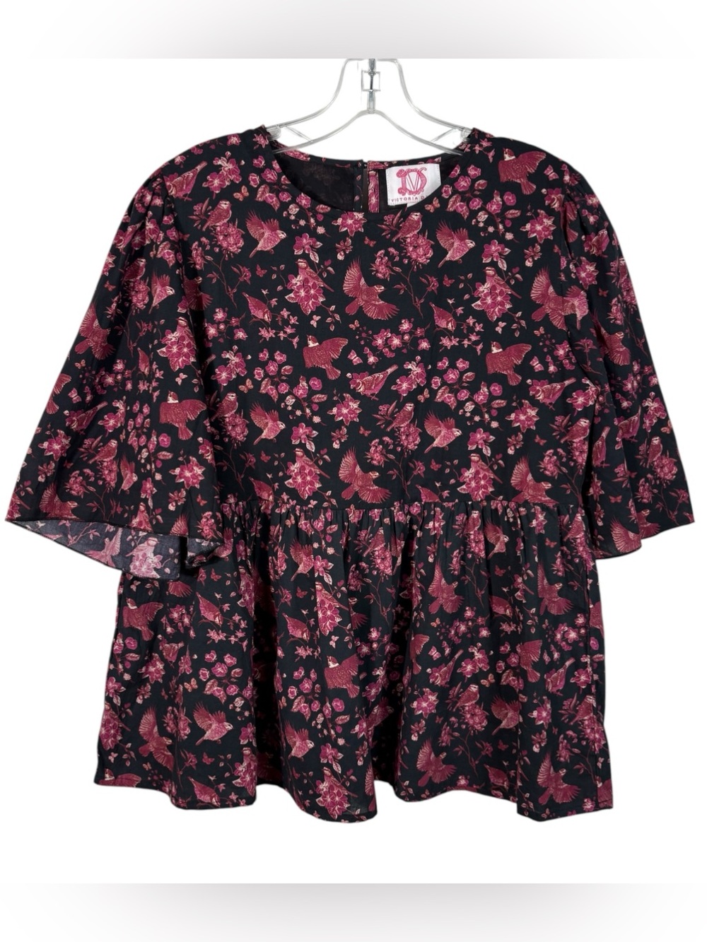 Victoria Dunn Pink Black Bird Floral Print Peplum Peasant Top Blouse Cottage S